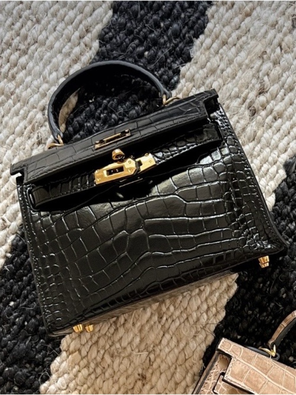 Black Faux Croc-Embossed Top Handle Bag with Gold Hardware